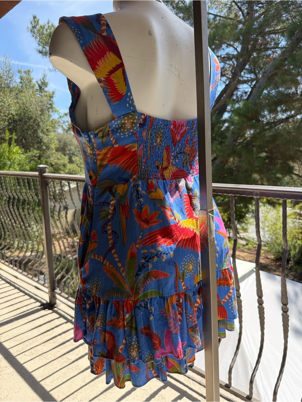 Farm Rio dress mini Blue pockets Tropical parrots Sundress linen-Ruffle hem - XL - Picture 9 of 17